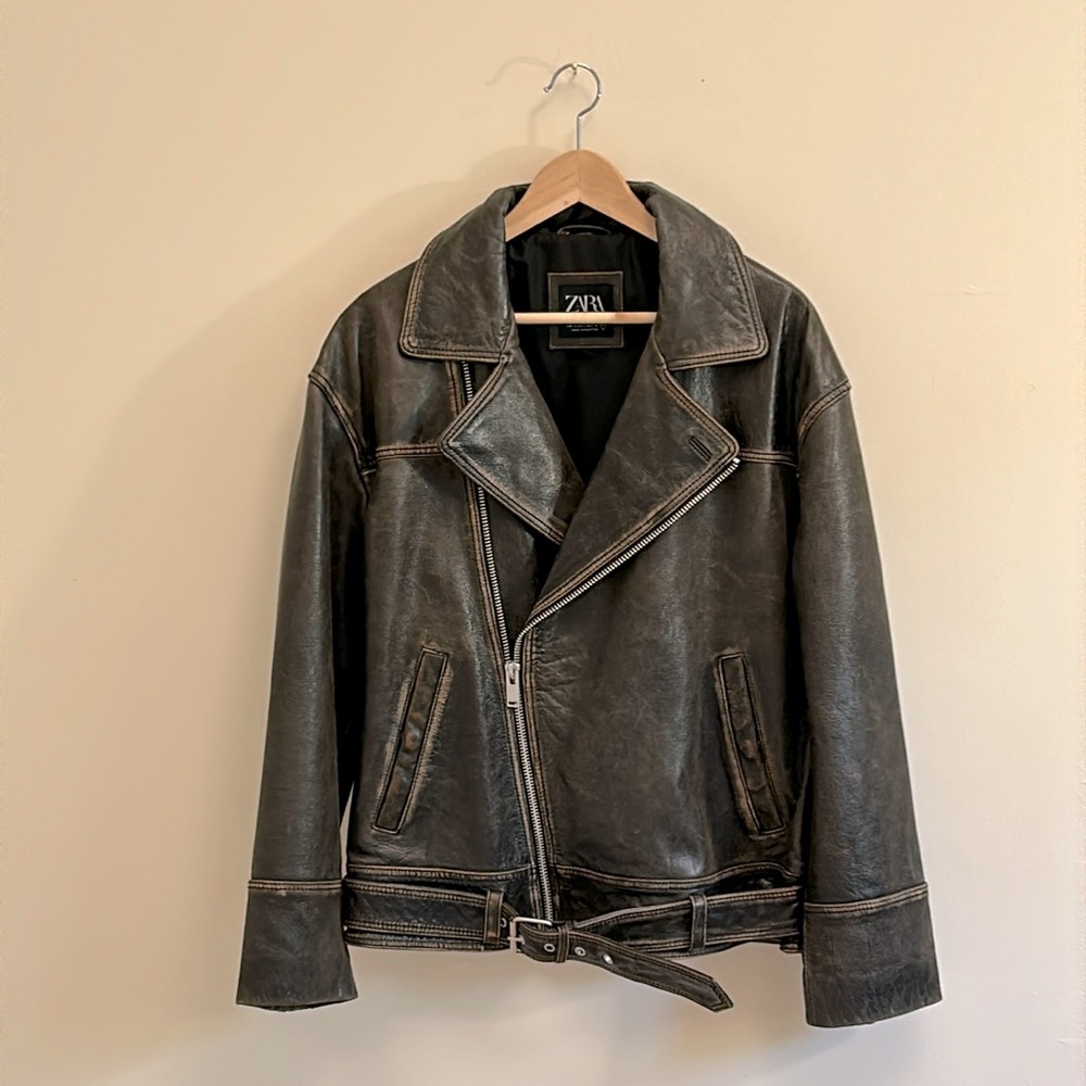 Zara Buffalo Leather Moto Jacket Dark Brown